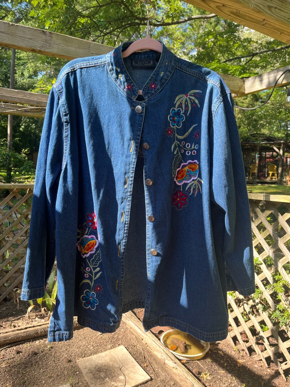 Embroidered Dark Wash Denim Jacket with Floral Accents